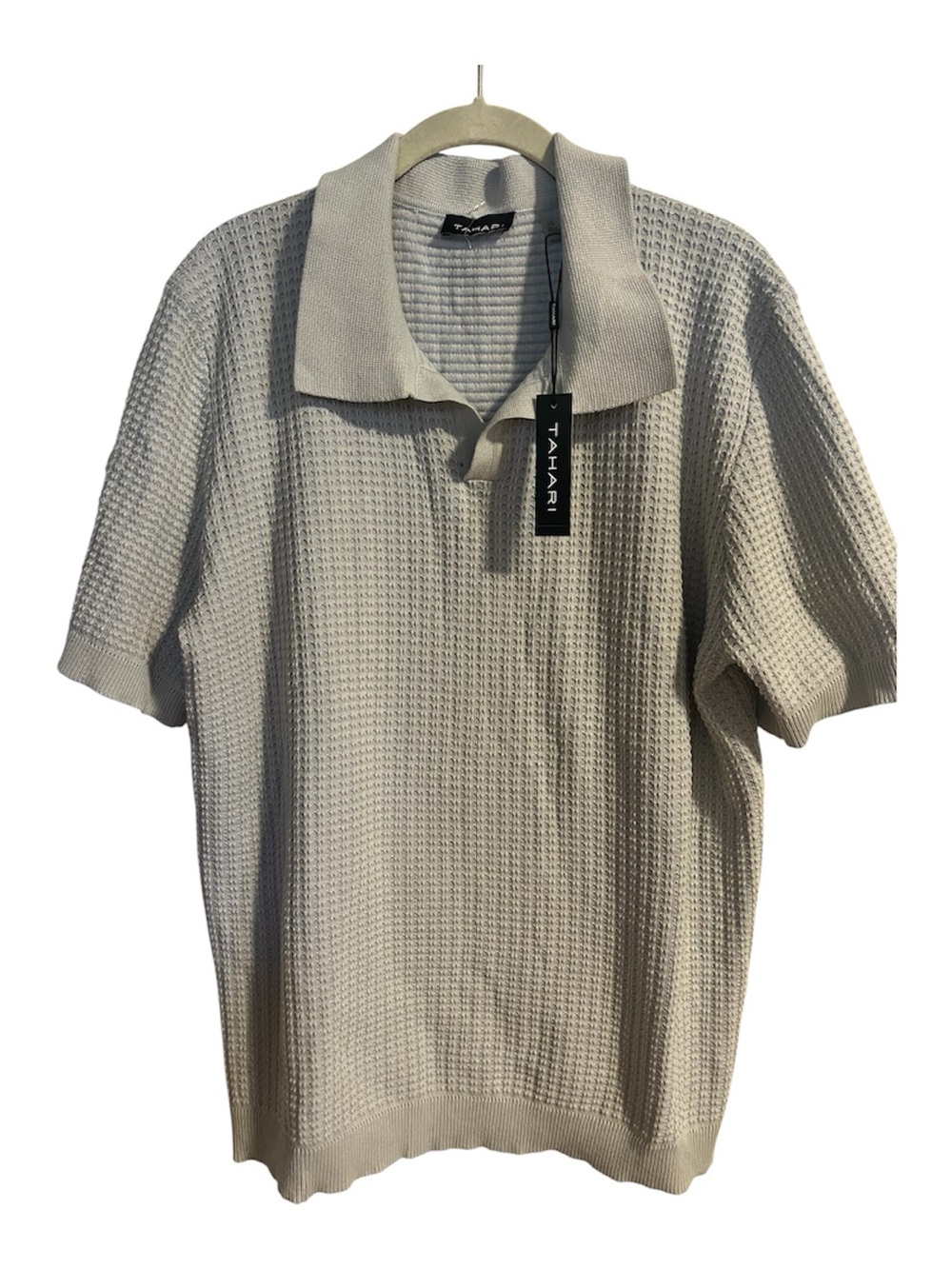 Tahari Men's Lt Blue Lt Grey Waffle-Knit Short Sleeve Polo Shirt Large NWT